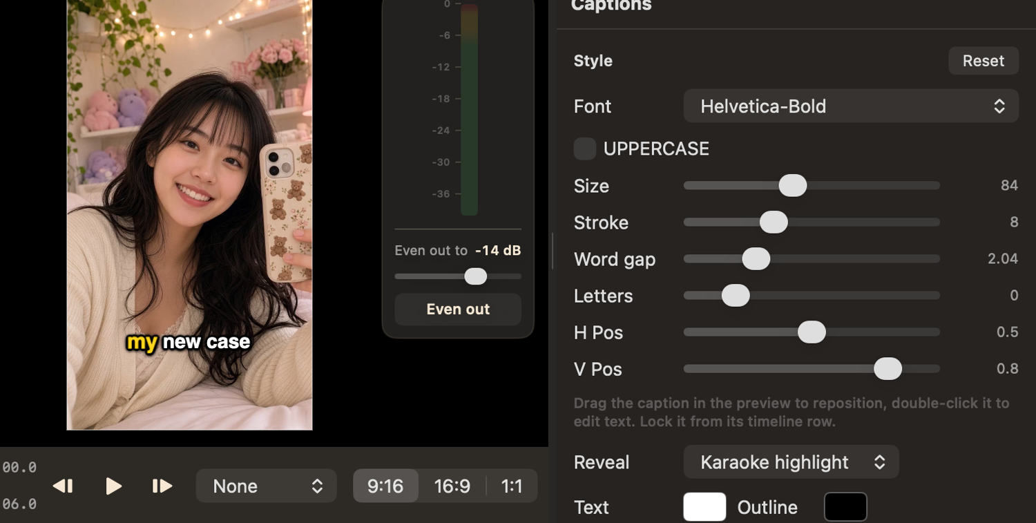The ChopSnip caption settings panel open beside the preview: the karaoke caption &lsquo;my new case&rsquo; on the video, with font, size, stroke, position and a Karaoke highlight reveal mode.
