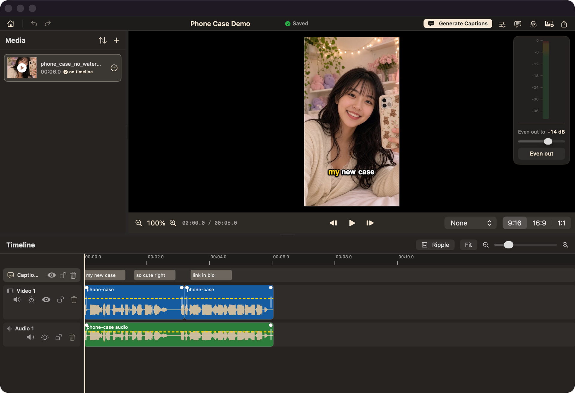 ChopSnip's editor: a media panel, a vertical 9:16 preview with a live caption, a loudness meter, and a multi-track timeline with waveforms below.