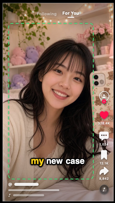 The vertical video preview with a TikTok safe-area overlay: the For You tab, the side action buttons and the username row ghosted over the clip.