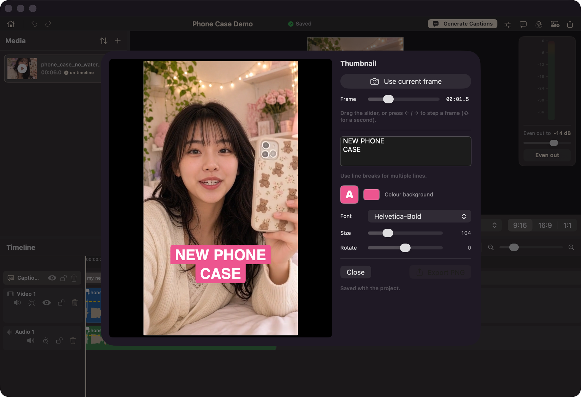 ChopSnip's thumbnail designer: a chosen frame on the left with a pink &lsquo;NEW PHONE CASE&rsquo; title, and controls for frame, text, font, size and colour on the right.