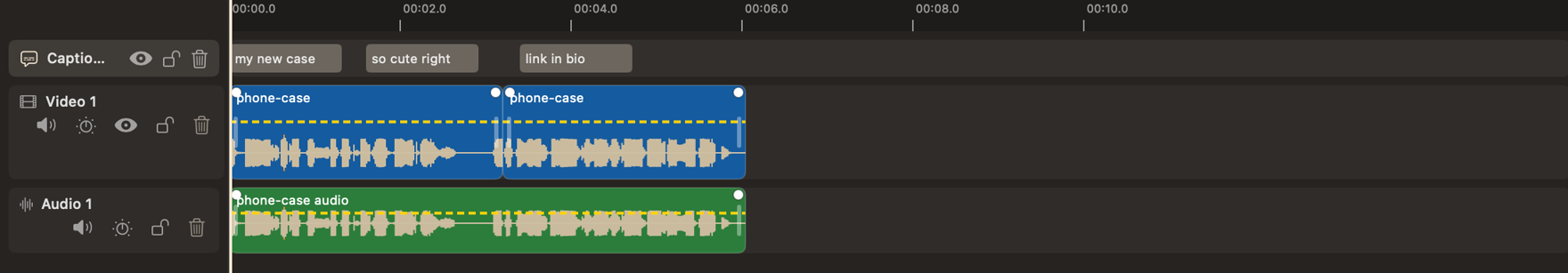 The ChopSnip timeline: a caption track above a video track and a separate audio track, each with real waveforms and an even-out level line.