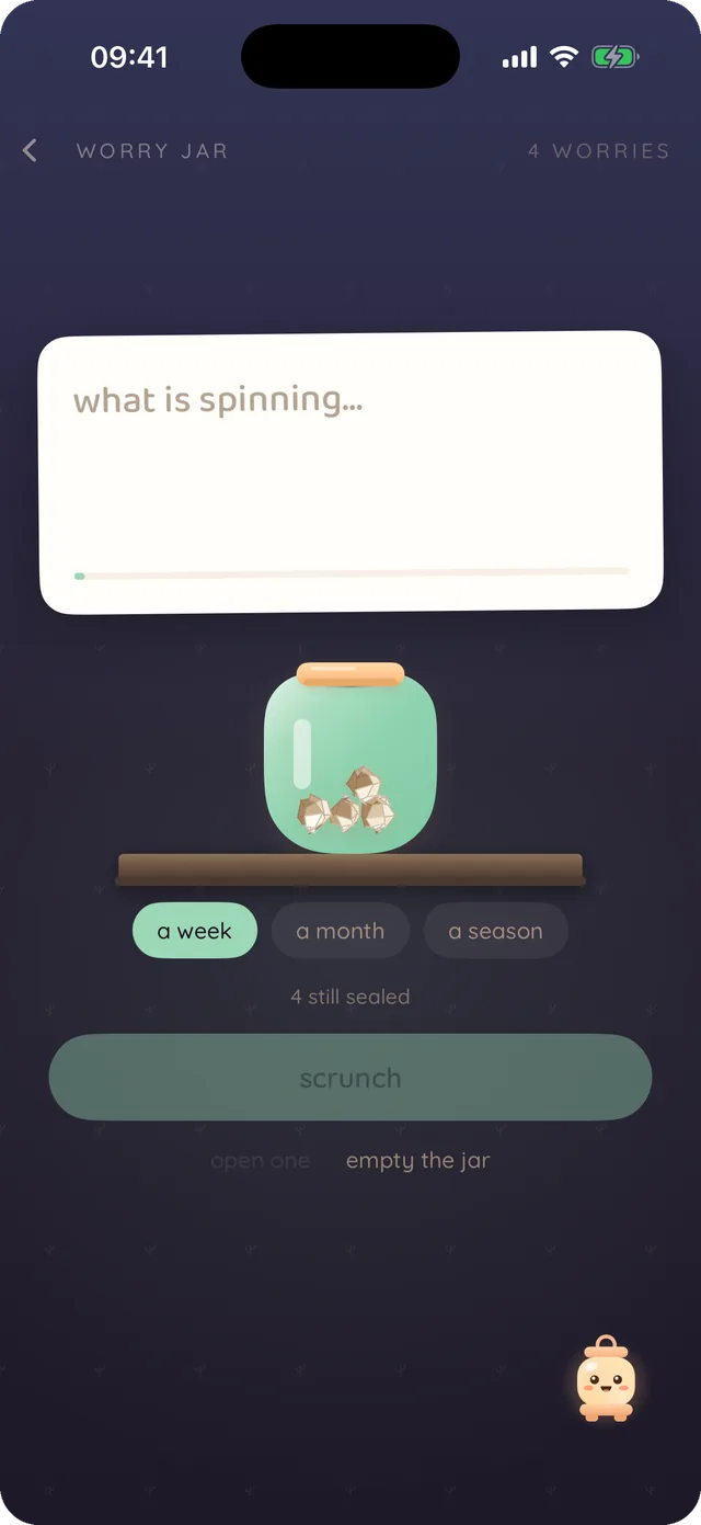 The worry jar: a card that says ‘what is spinning…’ above a mint glass jar of folded slips, with a week / a month / a season to choose and a scrunch button