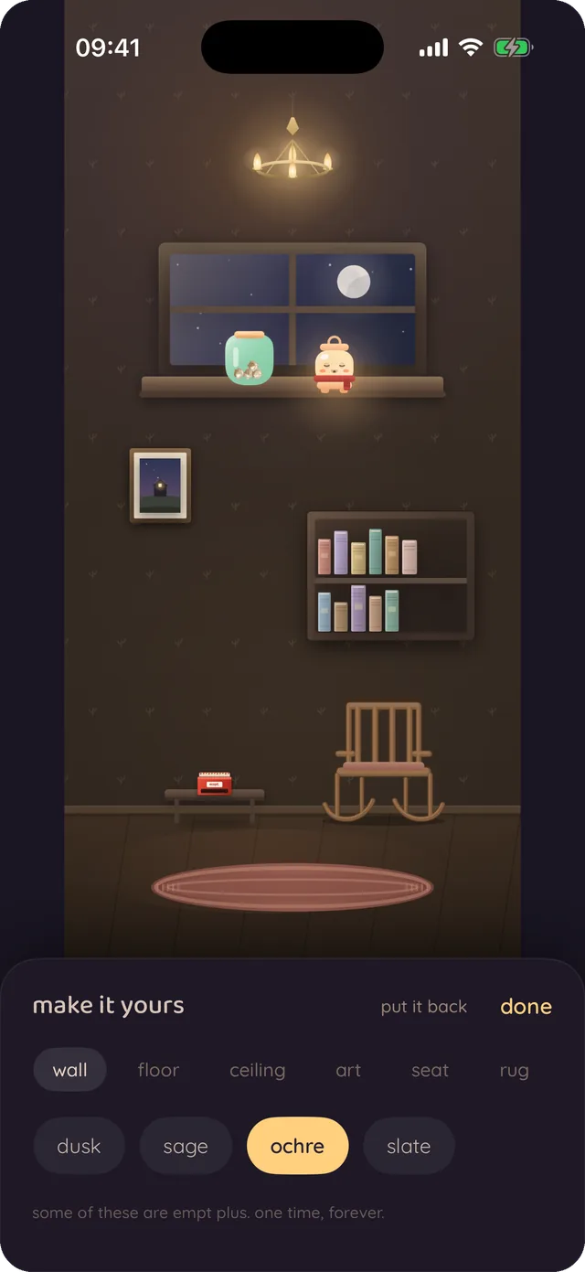 The make-it-yours picker: the room re-dressed with a chandelier, a rocking chair and a warm ochre wall, Luma in a red scarf, and a row of wall colours to choose from