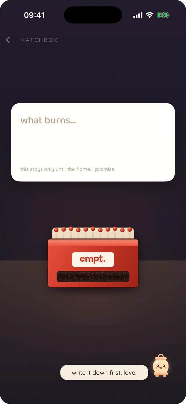 The matchbox: a card that says ‘what burns…’ and ‘this stays only until the flame. i promise.’ above a red matchbox labelled empt, with Luma saying ‘write it down first, love.’