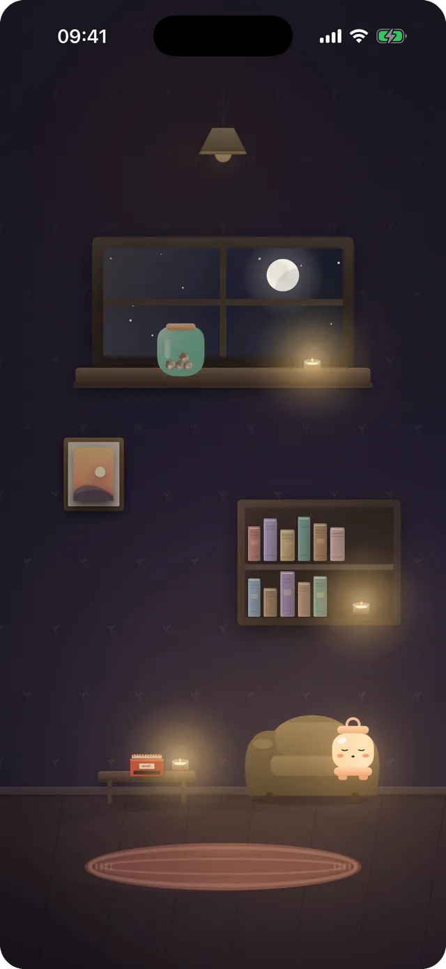 The room dimmed for sitting: three tea lights lit, a little couch, and Luma dozing beside it with her eyes closed