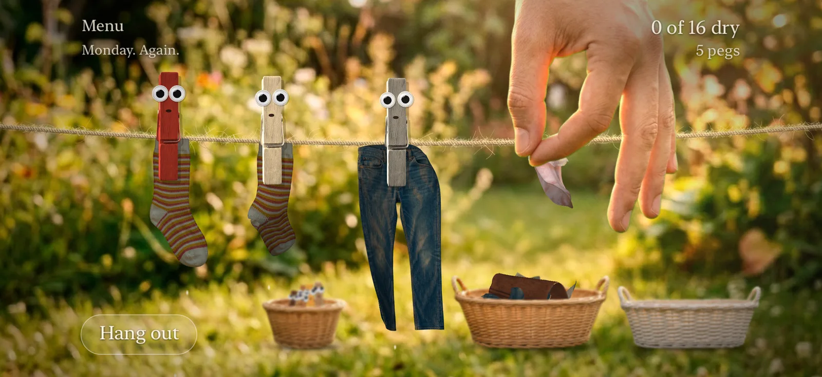 A hand lifting a small pink sock out of the laundry basket, pegs with googly eyes waiting on the line