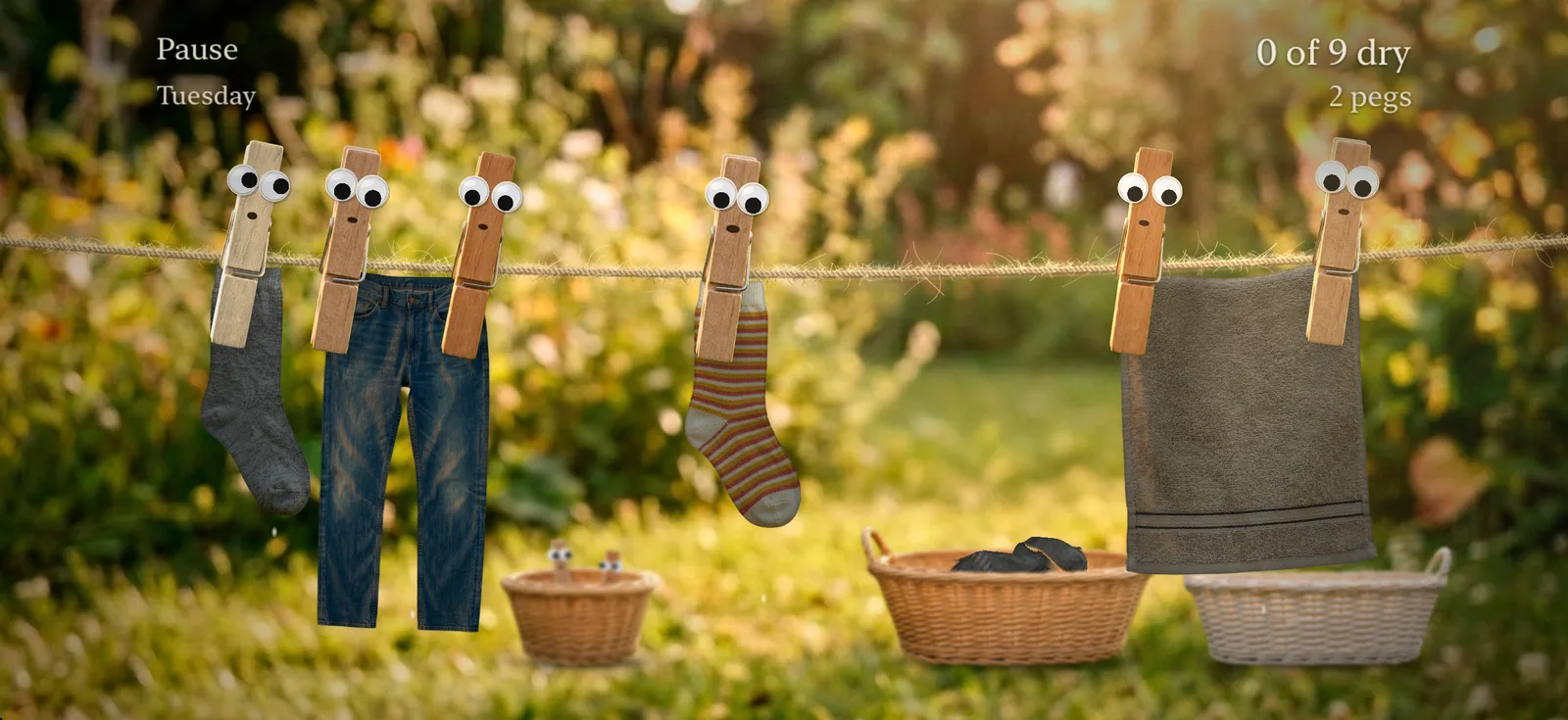 Socks, jeans and a towel on the line, held by wooden pegs with googly eyes