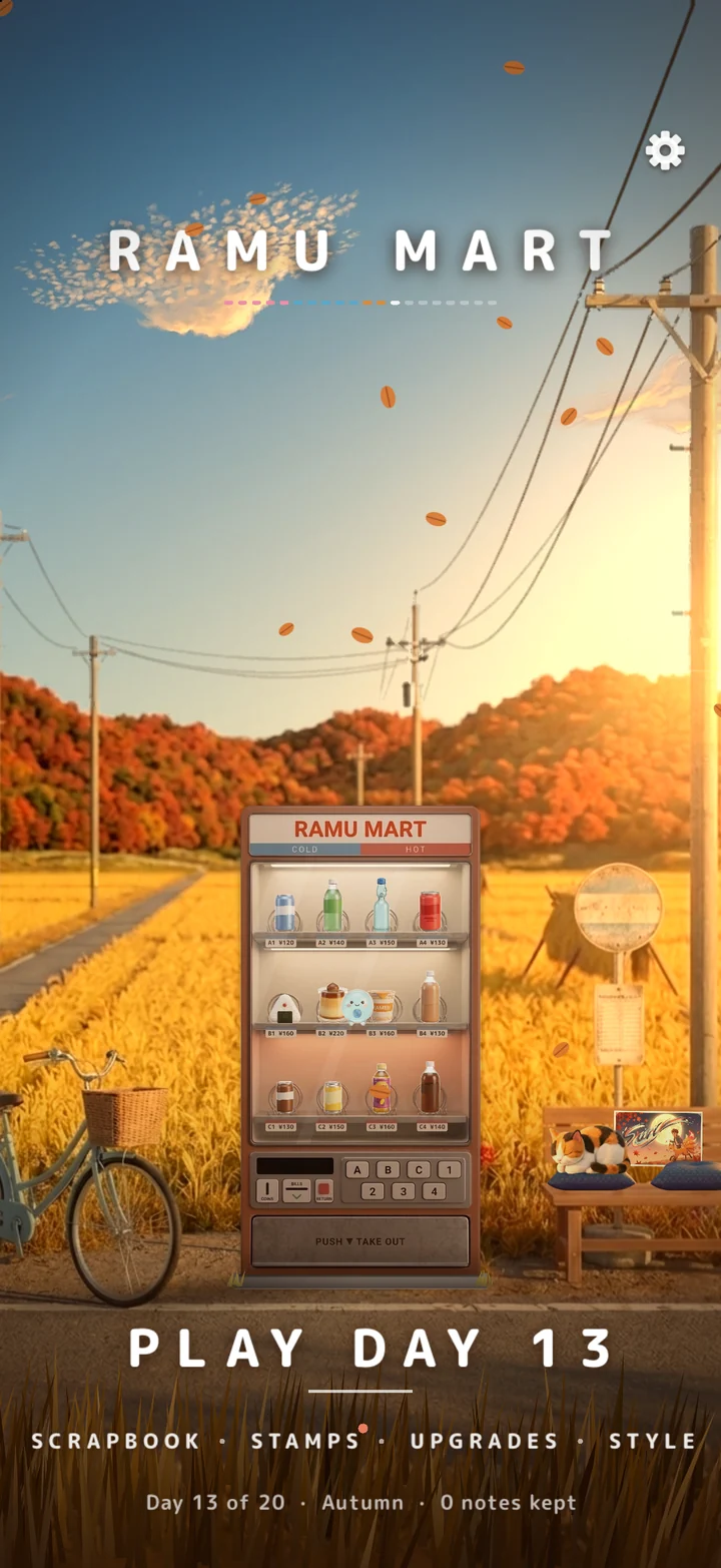 The bus stop in autumn: golden rice and red hills, the machine in orange
