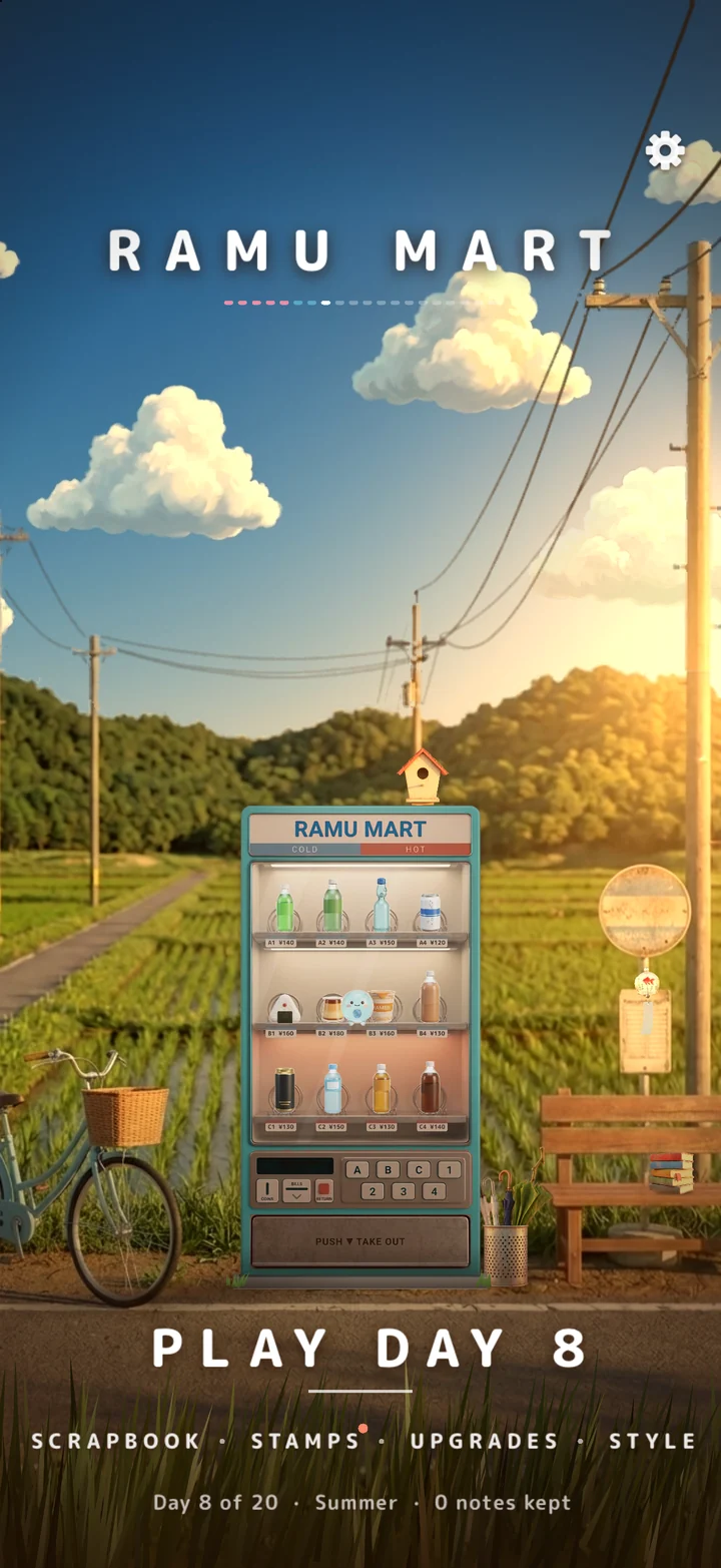 The bus stop in summer: green rice fields, the machine in teal