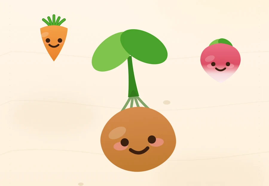 A round potato with a leafy top being lifted out of the soil, a carrot and a radish watching from either side