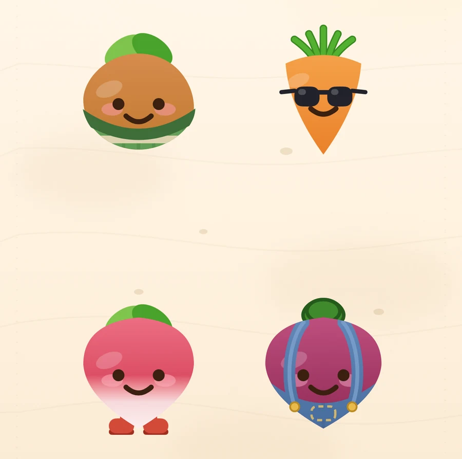 Four vegetable characters in outfits: a potato in a green sweater, a carrot in sunglasses, a radish in red boots, and a beetroot in denim overalls