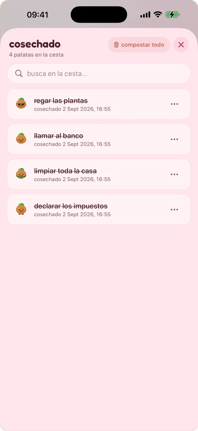 La cesta de la cosecha: una lista de notas terminadas con los títulos tachados