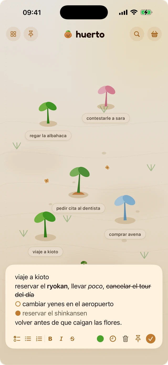 El editor de spudnote en iPhone, con texto en negrita, cursiva y tachado y una lista de dos elementos