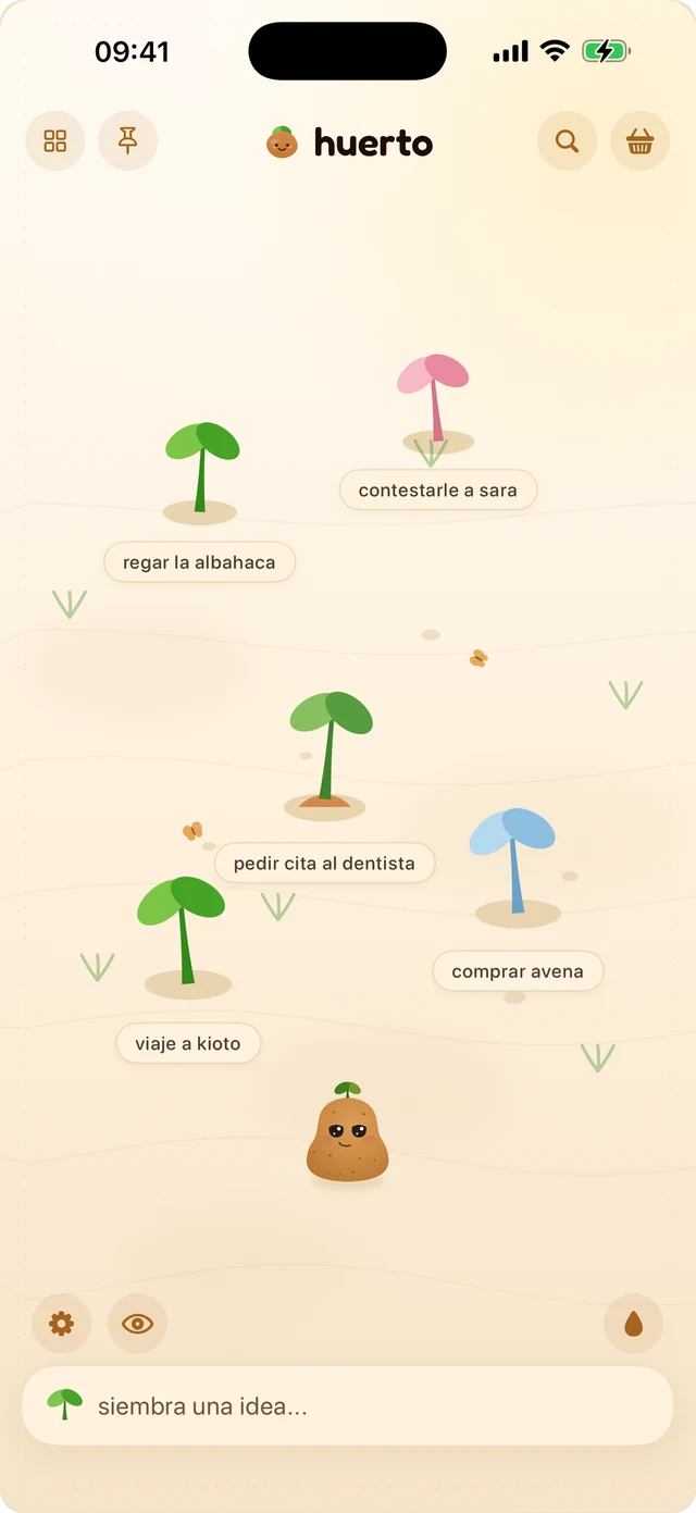 Un huerto de brotes-nota etiquetados regar la albahaca, escribirle a Sarah, pedir cita con el dentista y comprar leche de avena, con Spud de pie en la tierra