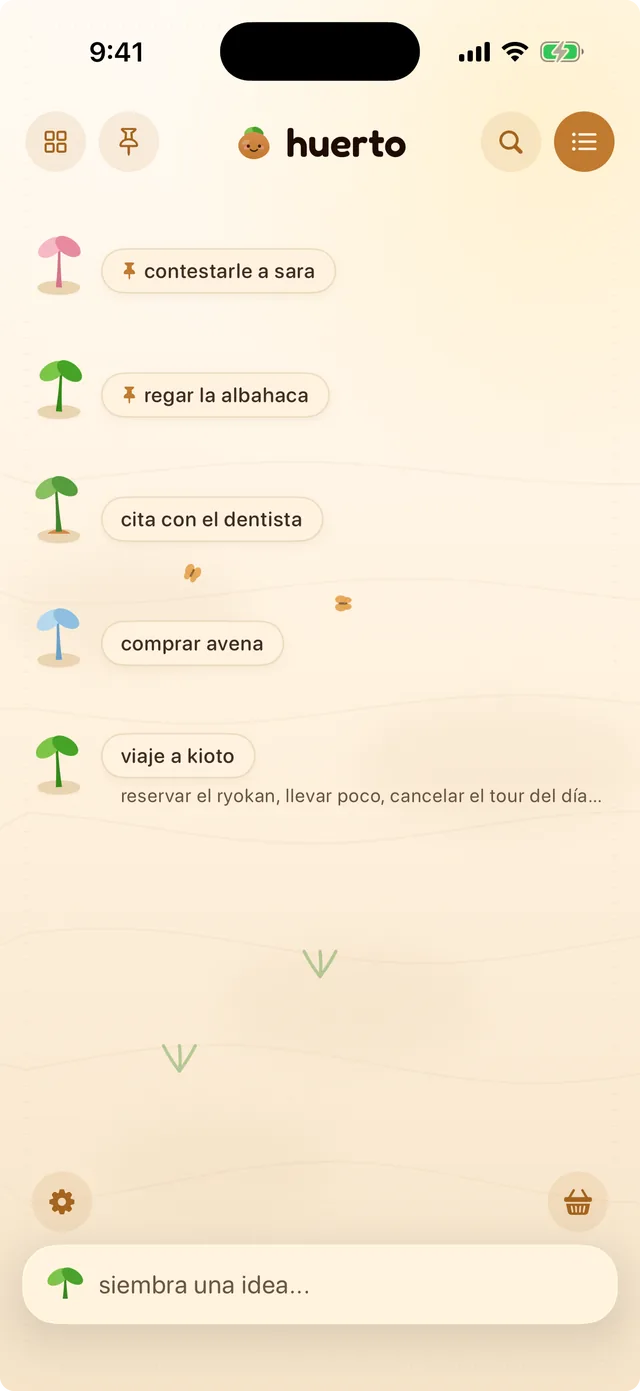 Un huerto mostrado como lista: el brote de cada nota junto a su nombre, en el orden del propio huerto
