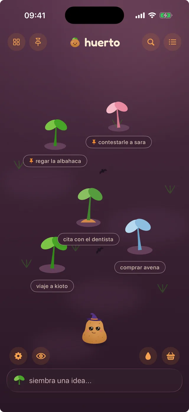 spudnote con el tema huerto de calabazas, con murciélagos sobre un huerto al atardecer