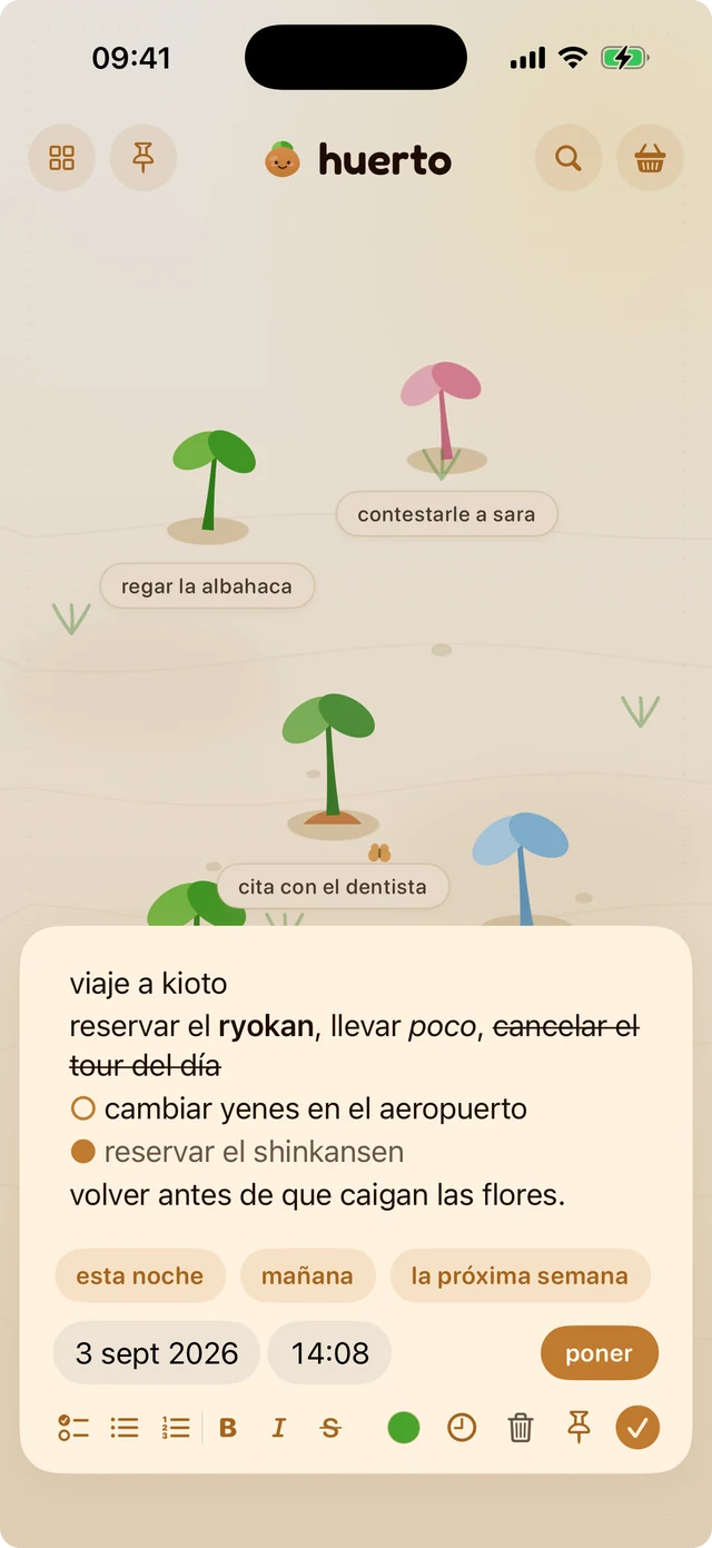 El editor con el selector de recordatorios abierto: esta noche, mañana y la próxima semana sobre una fecha y una hora