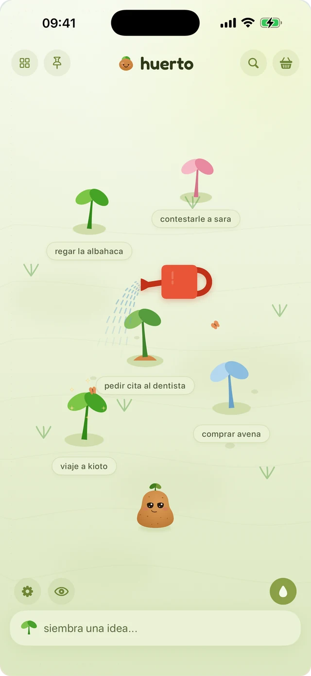 Una regadera regando un brote-nota en un huerto verde con el tema matcha