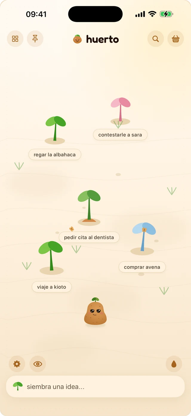 Un huerto de brotes-nota etiquetados regar la albahaca, escribirle a Sarah, pedir cita con el dentista y comprar leche de avena, con Spud de pie en la tierra