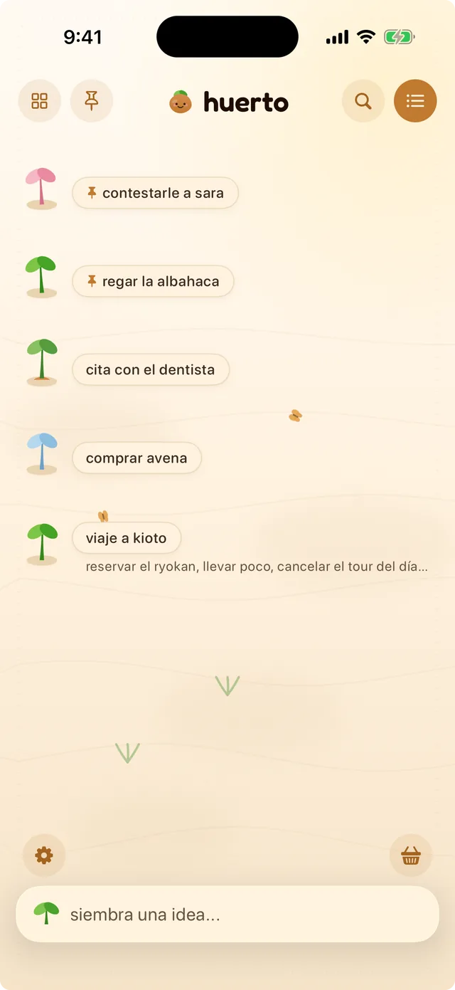 Un huerto mostrado como lista: el brote de cada nota junto a su nombre, en el orden del propio huerto