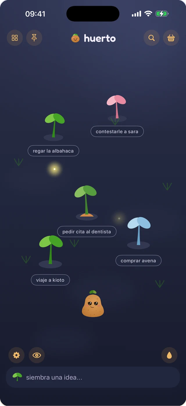 spudnote con el tema jardín nocturno, con luciérnagas sobre un huerto oscuro