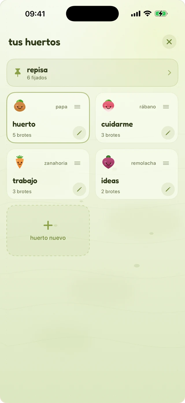 Vista de los huertos: tarjetas para jardín, cuidado personal, trabajo e ideas, cada una con su verdura