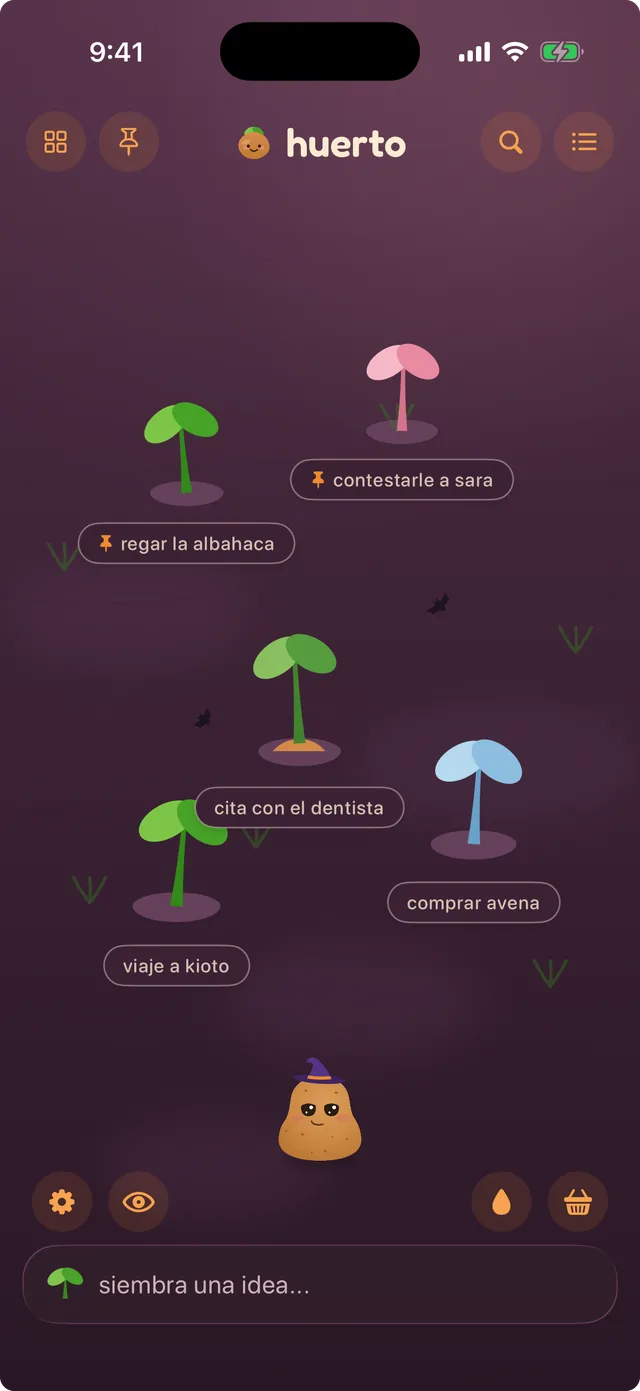 spudnote con el tema huerto de calabazas, con murciélagos sobre un huerto al atardecer