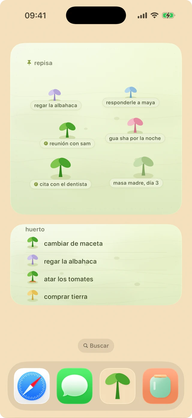 Dos widgets de spudnote en la pantalla de inicio de un iPhone: un huerto como lista de notas y la repisa con los brotes fijados, cada uno en su color pastel