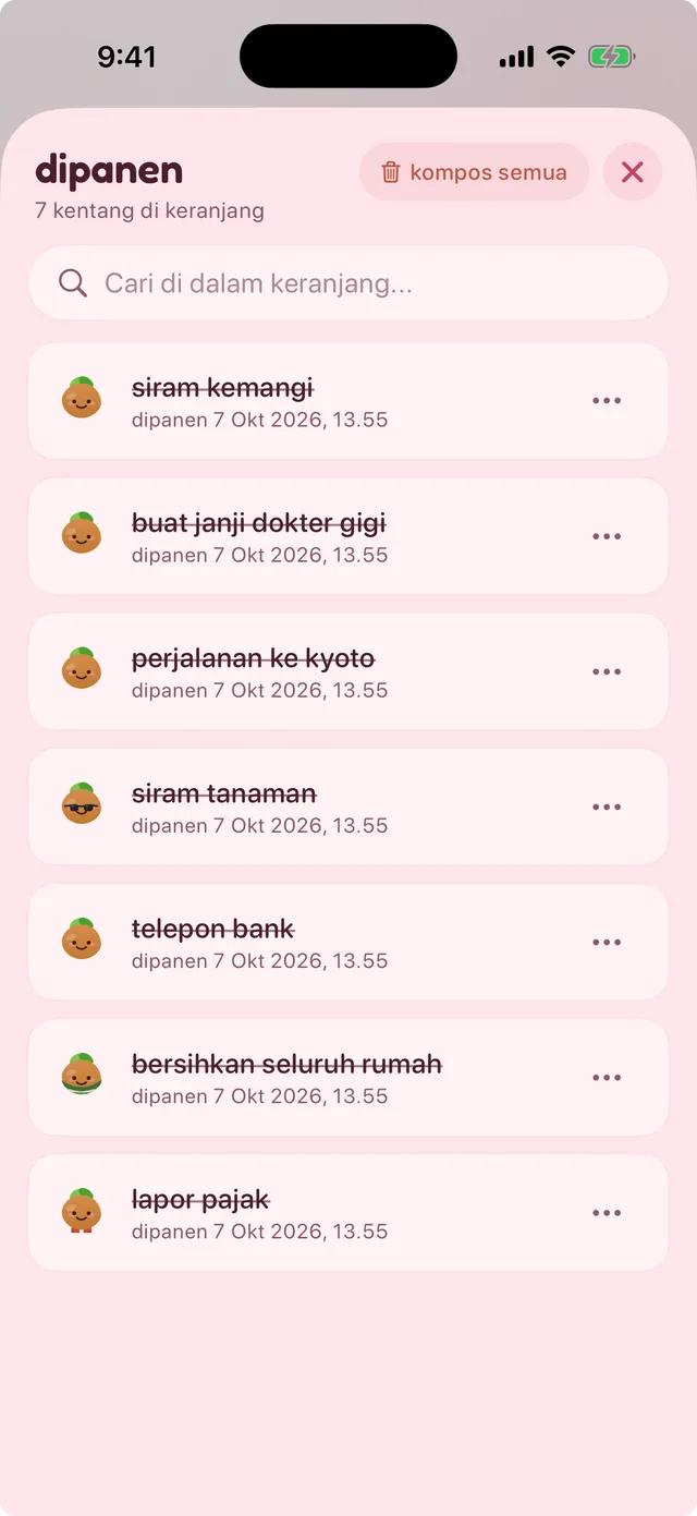 Keranjang panen: daftar catatan yang sudah selesai dengan judul yang dicoret