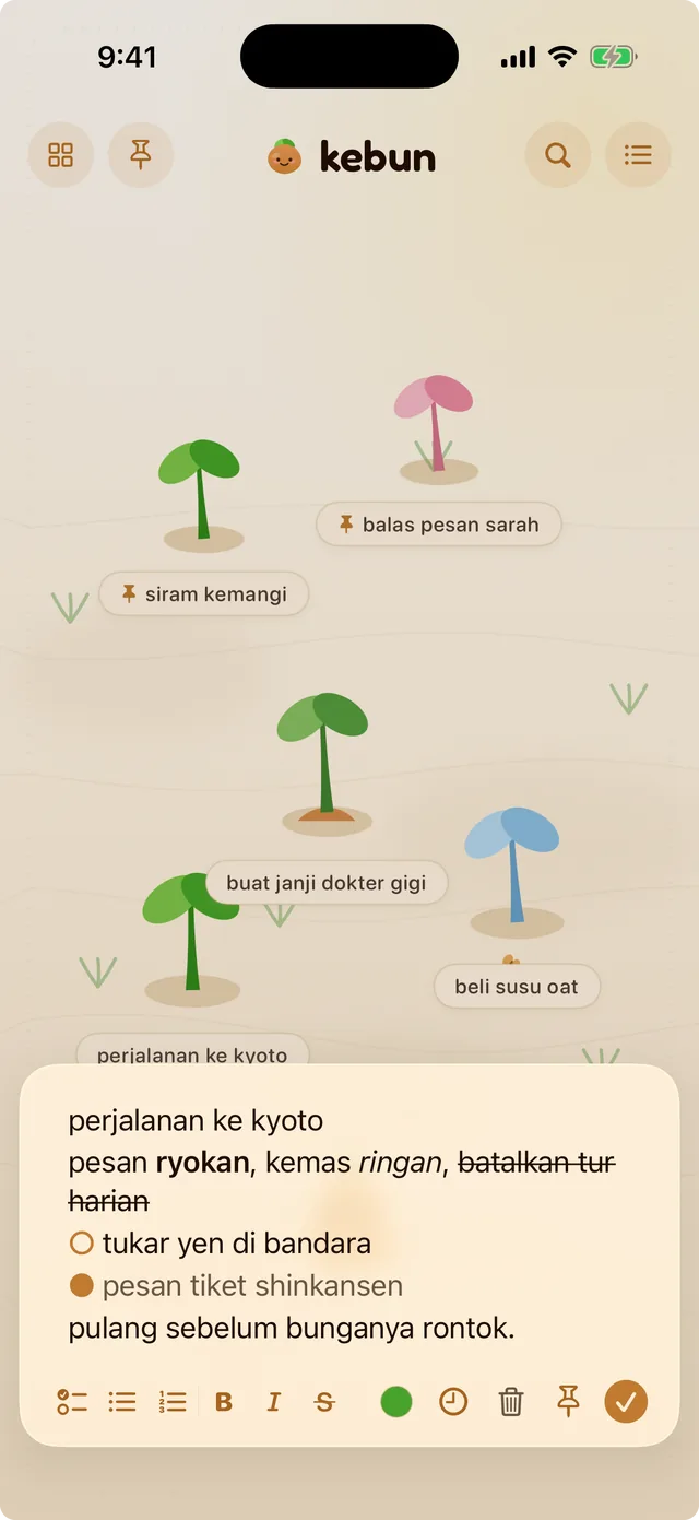 Editor spudnote di iPhone, menampilkan teks tebal, miring dan dicoret dengan daftar centang dua baris