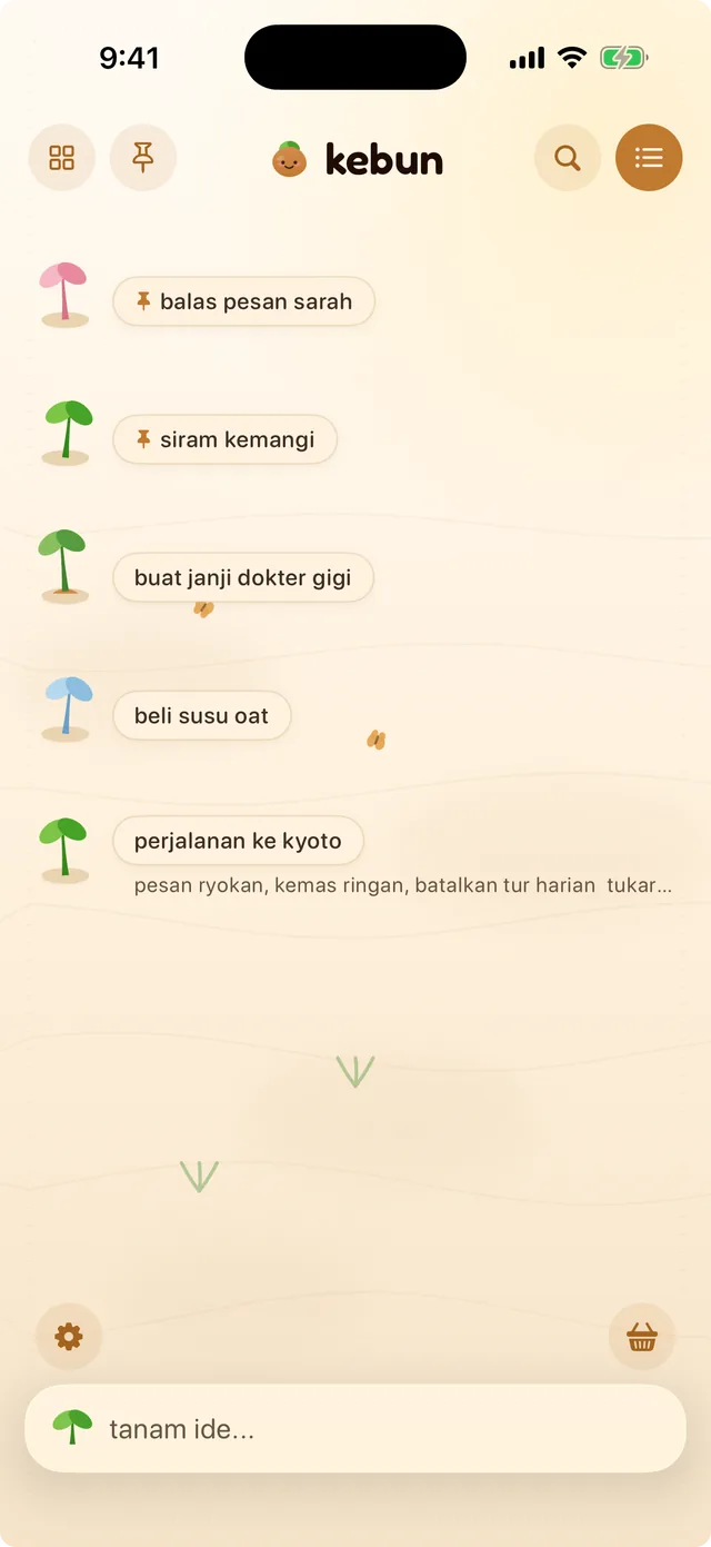 Kebun yang ditampilkan sebagai daftar: tunas tiap catatan di samping namanya, sesuai urutan kebun itu sendiri