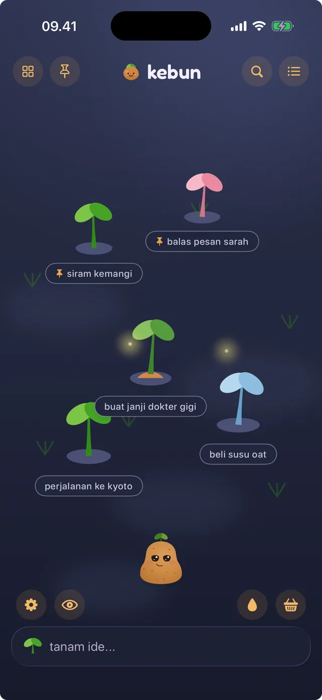 spudnote dengan tema taman malam, dengan kunang-kunang di atas kebun yang gelap