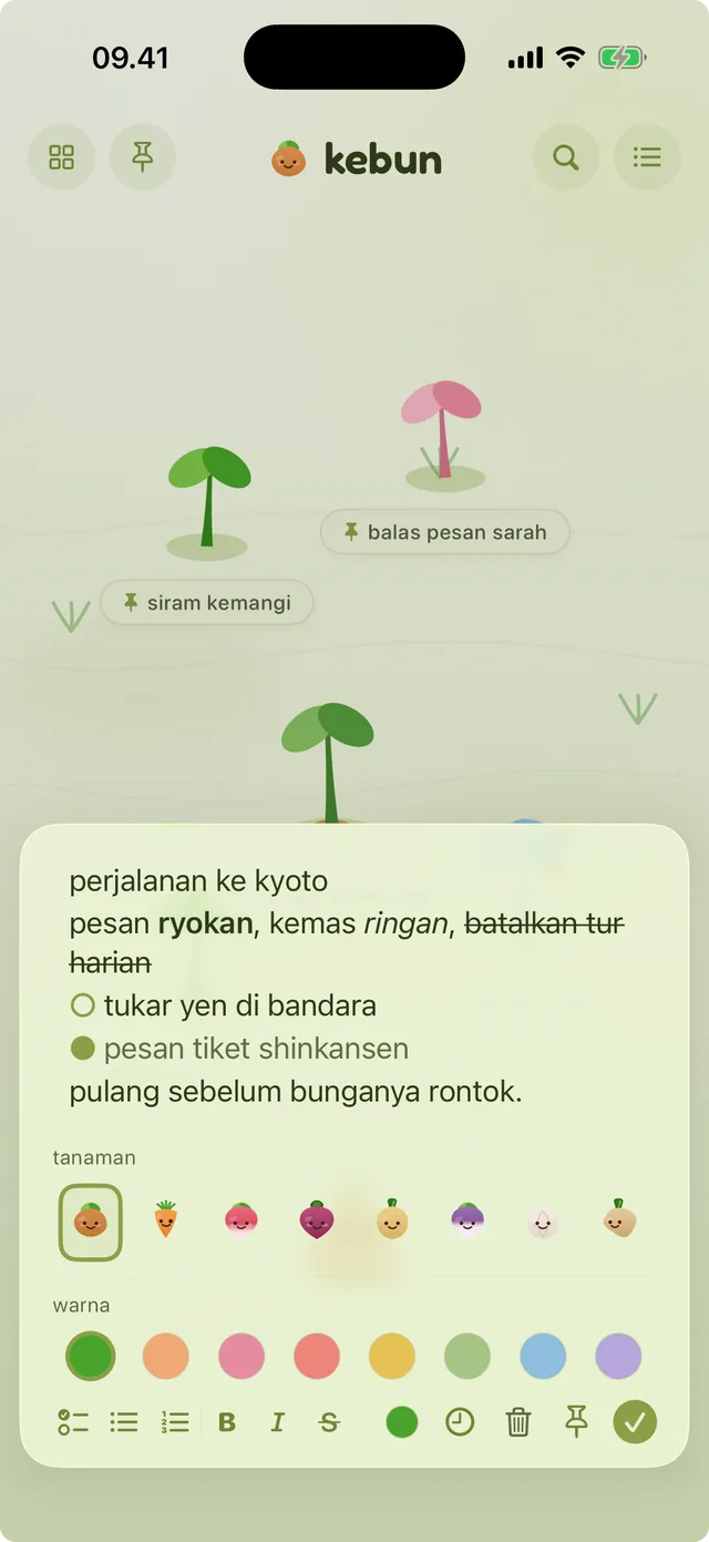 Editor dengan pemilih warna pastel terbuka, sederet warna tunas yang lembut untuk dipilih