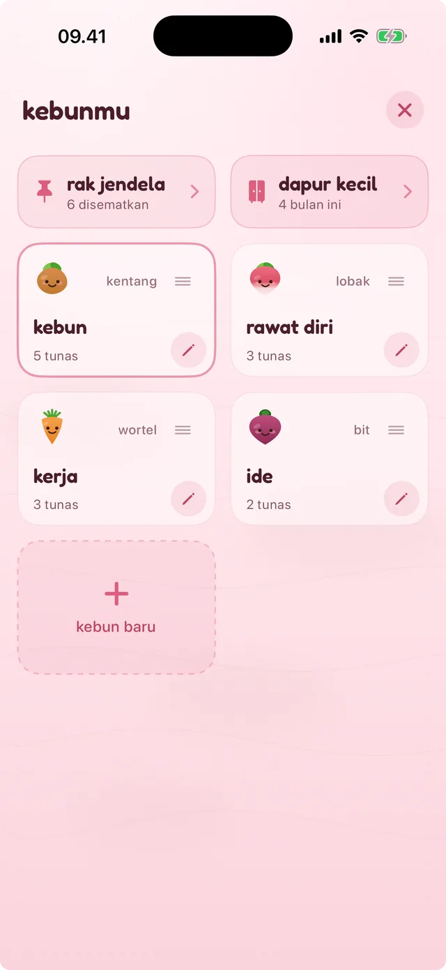 Tampilan semua kebun: kartu untuk taman, merawat diri, kerja dan ide, masing-masing dengan sayurnya sendiri