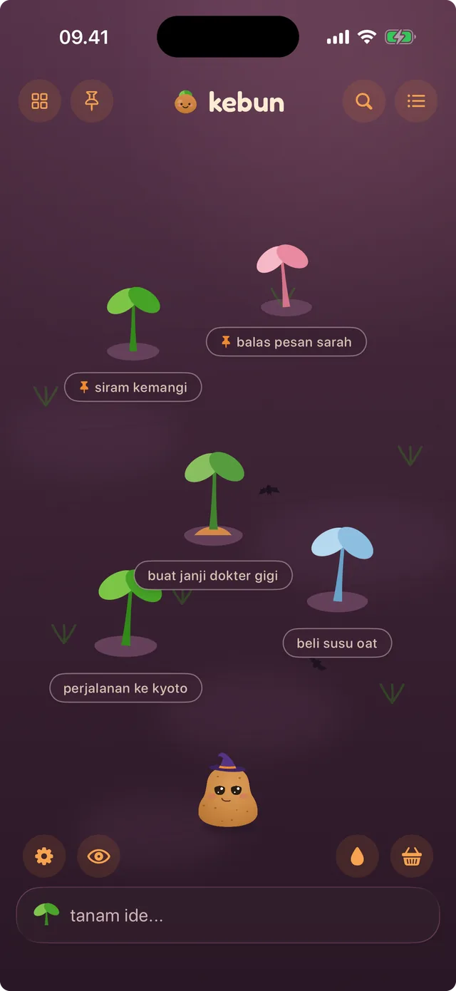 spudnote dengan tema kebun labu, dengan kelelawar di atas kebun senja