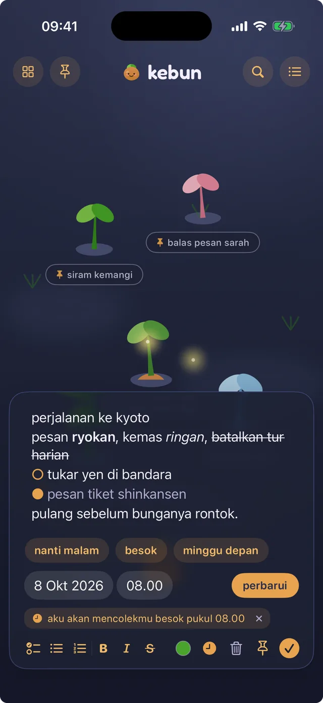 Editor dengan pemilih pengingat terbuka, menampilkan pilihan nanti malam, besok dan minggu depan di atas tanggal dan waktu