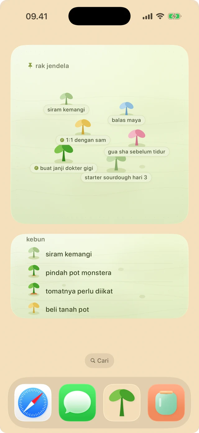 Dua widget spudnote di layar utama iPhone: sebuah kebun sebagai daftar catatan, dan rak jendela berisi tunas yang disematkan, masing-masing dengan warna pastelnya