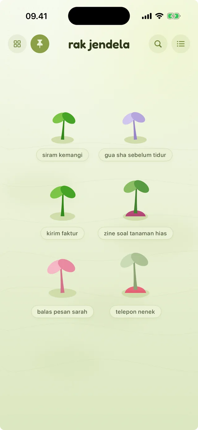 Rak jendela: enam catatan yang disematkan berkumpul di rak hijau bertema matcha