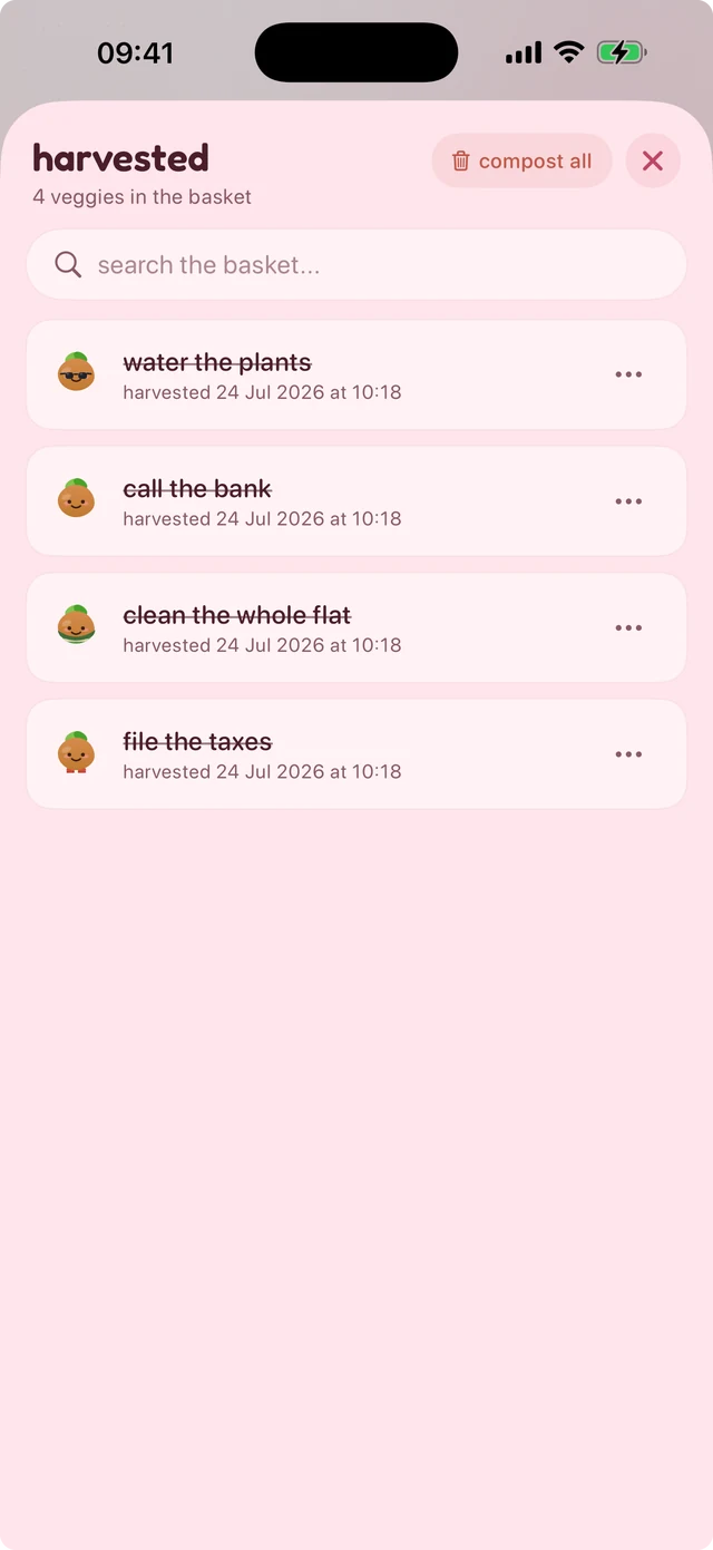 The harvested basket: a list of completed notes with their titles crossed out