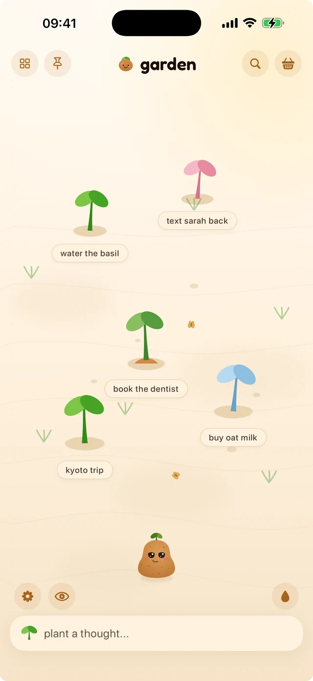 A field of note-sprouts labelled water the basil, text sarah back, book the dentist and buy oat milk, with Spud standing in the soil