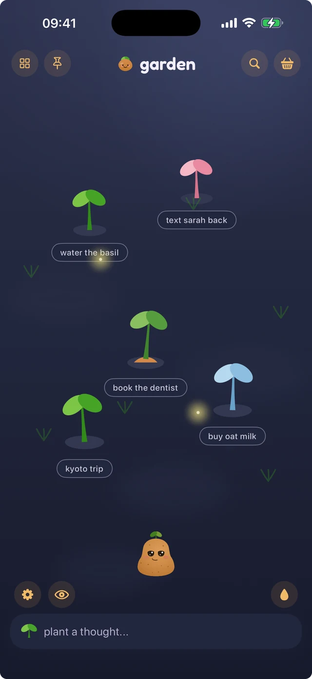 spudnote in the night garden theme, with fireflies over a dark field