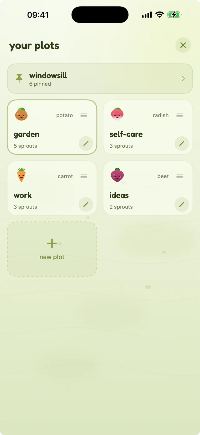 The plots overview: cards for garden, self-care, work and ideas, each with its own vegetable