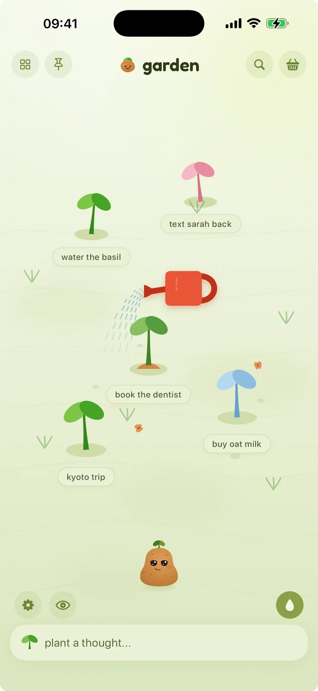 A watering can pouring over a note-sprout in a green matcha-themed field