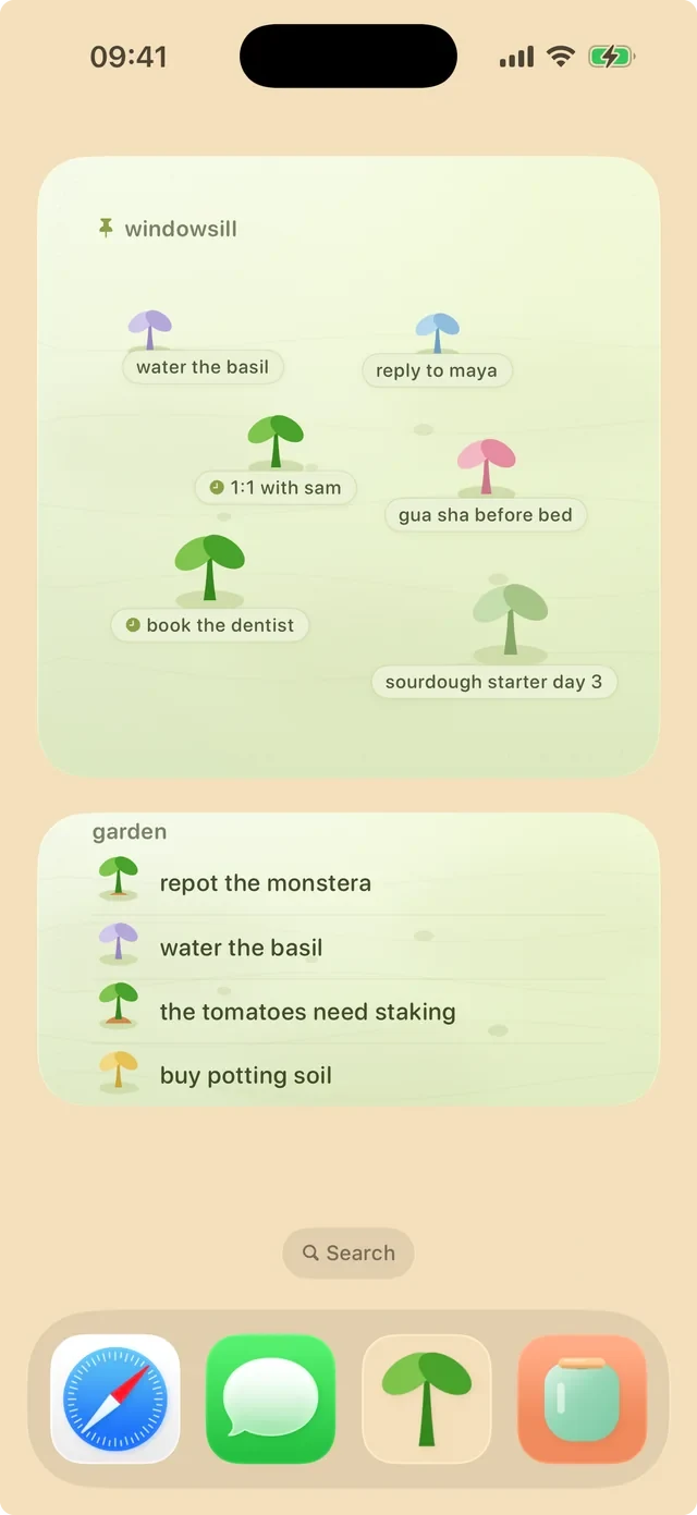 Dua widget spudnote di layar utama iPhone: sebuah kebun sebagai daftar catatan, dan rak jendela berisi tunas yang disematkan, masing-masing dengan warna pastelnya